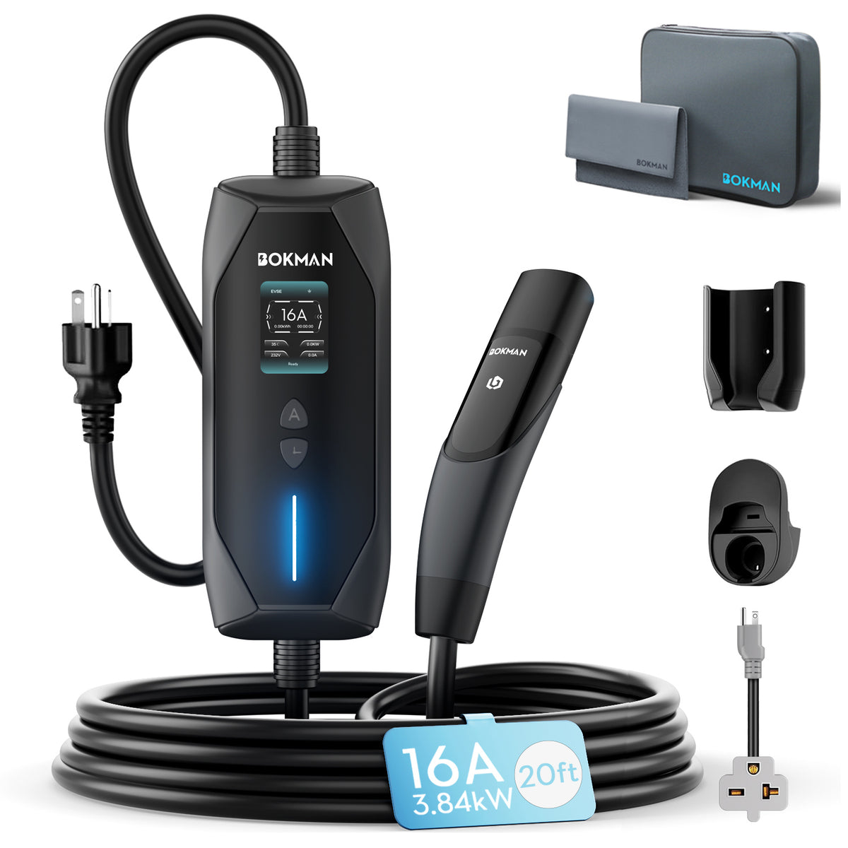 bokman Tesla Charger Level 1&2, 16A 20ft, NEMA 6-20P/5-15 Adapter丨Dual 120V/240V Tesla charger, Adjustable 6-16A & 1-12H Delay timer, IP65, NACS Connector for Models Y/X/3/S