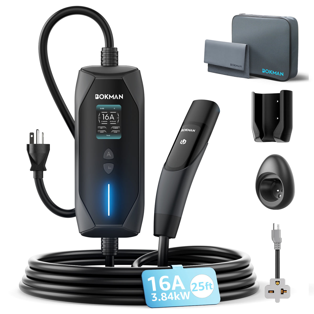 bokman Tesla Charger Level 1&2, 16A 25ft, NEMA 6-20P/5-15 Adapter丨Dual 120V/240V Tesla charger, Adjustable 6-16A & 1-12H Delay timer, IP65, NACS Connector for Models Y/X/3/S