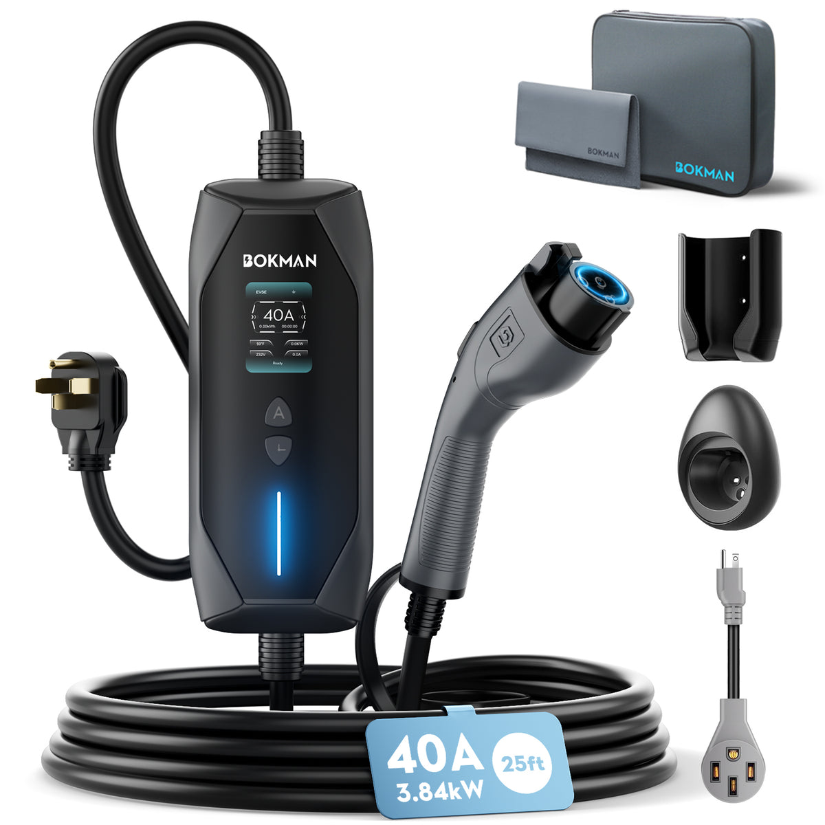 bokman Level 1 & Level 2 EV Charger, 40A 25ft, NEMA 14-50P/5-15 Adapter丨Dual 120V/240V, Adjustable 6-16A & 1-12H Delay timer, IP65, J1772 Connector