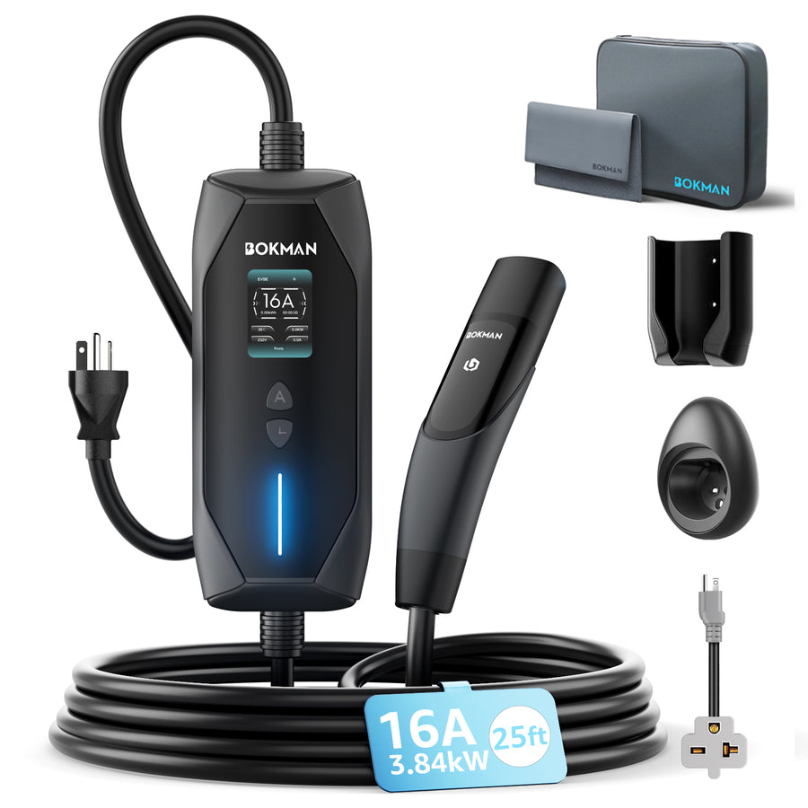 bokman Tesla Charger Level 1&2, 16A 25ft, NEMA 6-20P/5-15 Adapter丨Dual 120V/240V Tesla charger, Adjustable 6-16A & 1-12H Delay timer, IP65, NACS Connector for Models Y/X/3/S