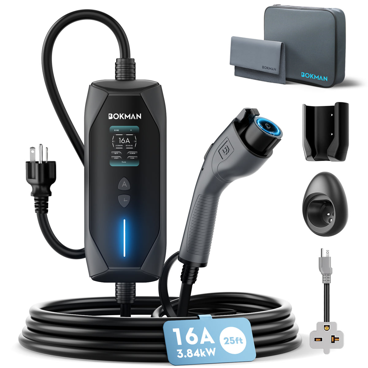 bokman Portable Level 1&2 EV Charger, 16A 25ft, NEMA 6-20P/5-15 Adapter丨Dual 120V/240V, Adjustable 6-16A & 1-12H Delay timer, IP65, J1772 Connector