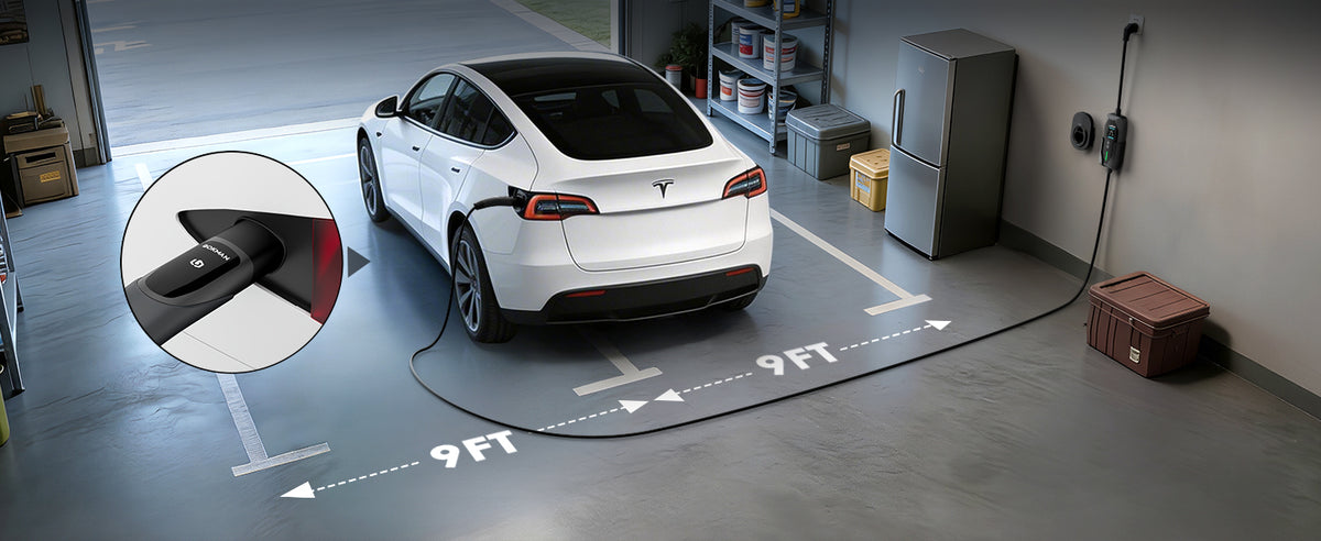 Tesla NACS 20 ft charging cable reach example