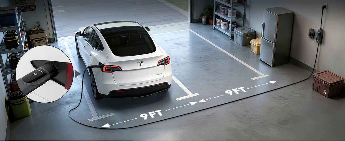 Tesla NACS 25 ft charging cable reach example
