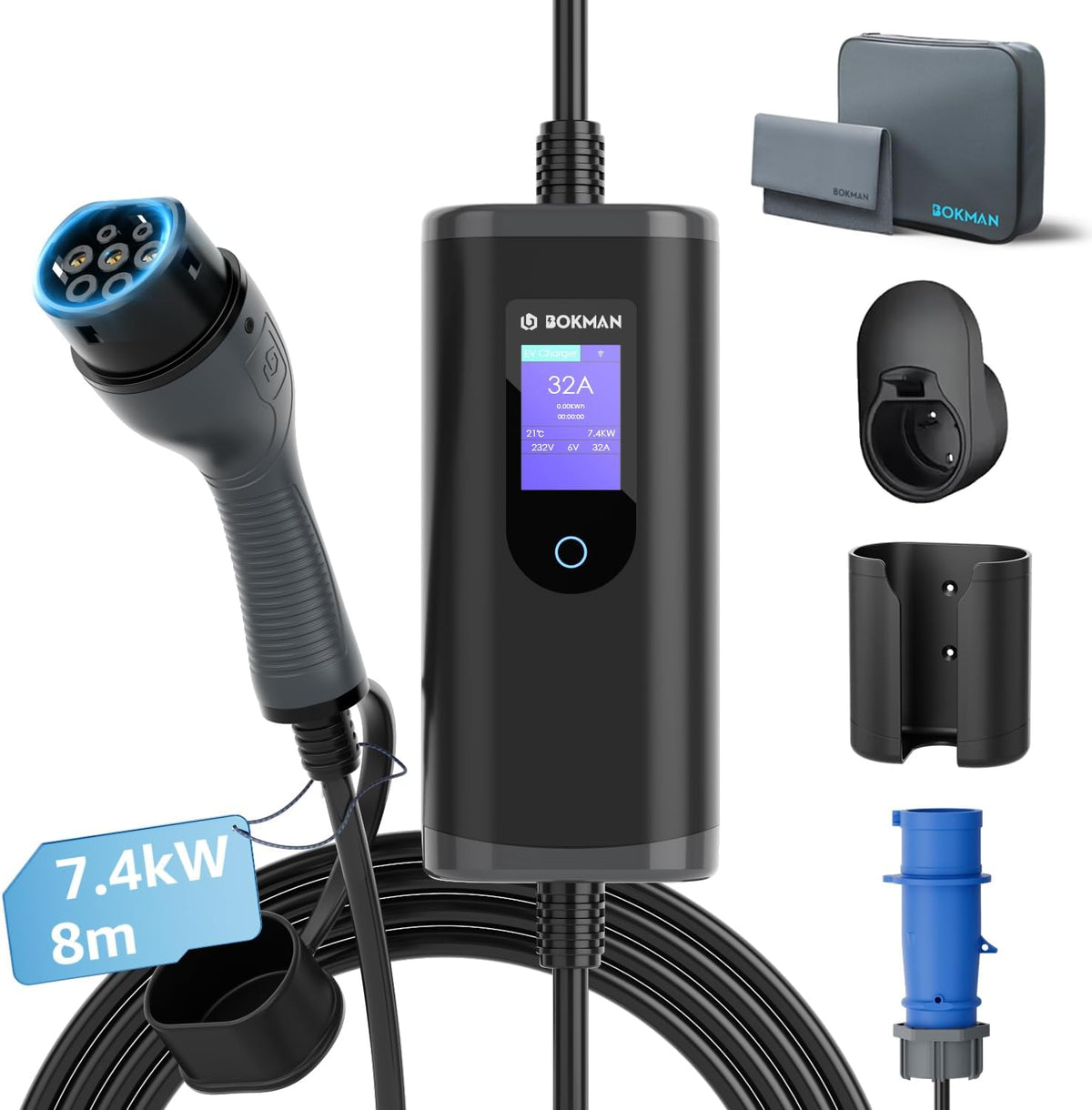 bokman Chargeur Voiture Electrique Type 2- Prise CEE Portable EV Chargeur Station de Charge Mobile/Wallbox Ajustable 6-32A| 7,2kW-7,4kW | 8 Mètre, Compatible avec BEV et PHEV