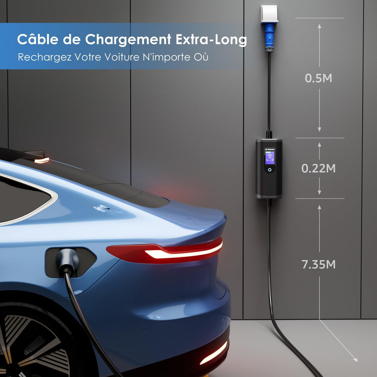 bokman Chargeur Voiture Electrique Type 2- Prise CEE Portable EV Chargeur Station de Charge Mobile/Wallbox Ajustable 6-32A| 7,2kW-7,4kW | 8 Mètre, Compatible avec BEV et PHEV