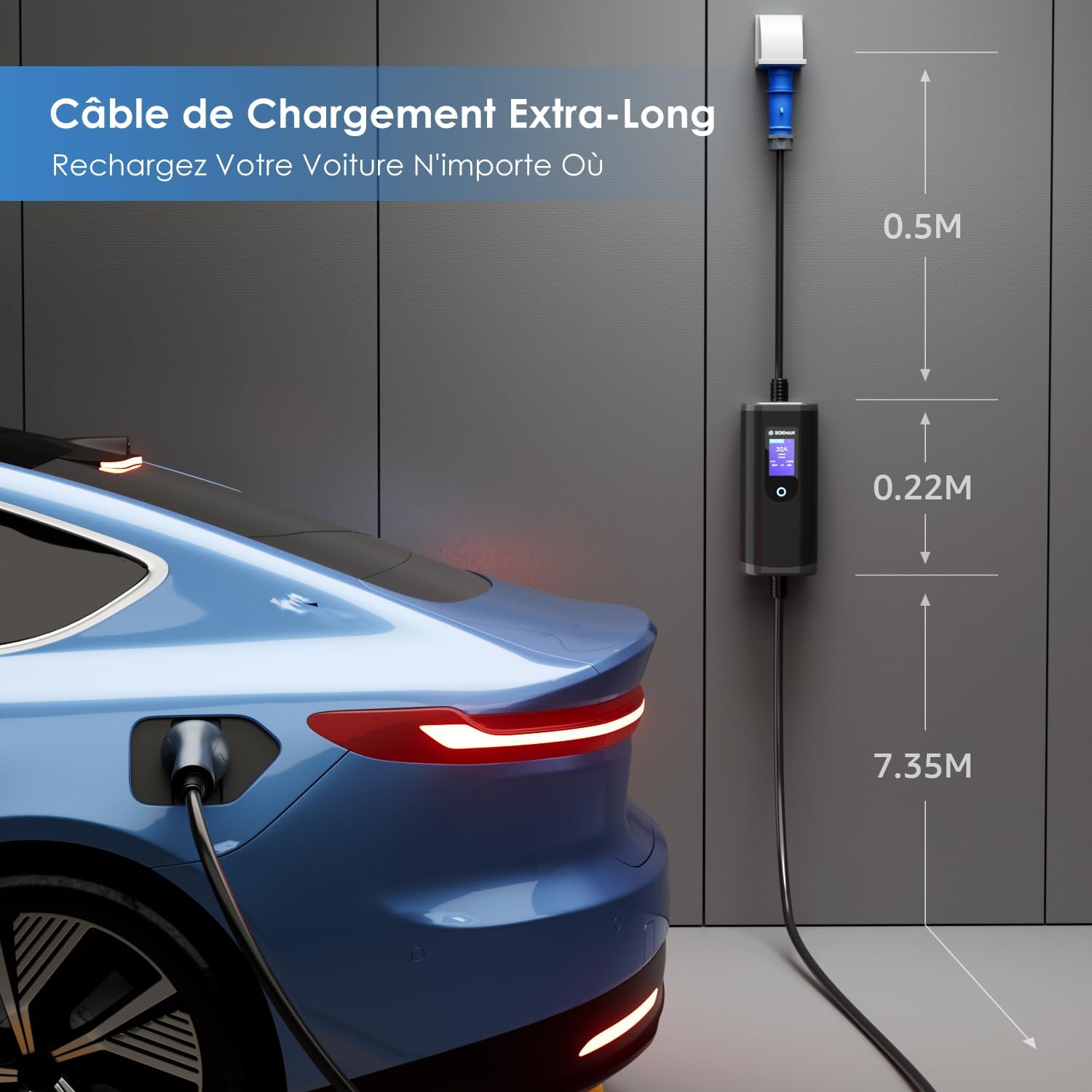 bokman Chargeur Voiture Electrique Type 2- Prise CEE Portable EV Chargeur Station de Charge Mobile/Wallbox Ajustable 6-32A| 7,2kW-7,4kW | 8 Mètre, Compatible avec BEV et PHEV