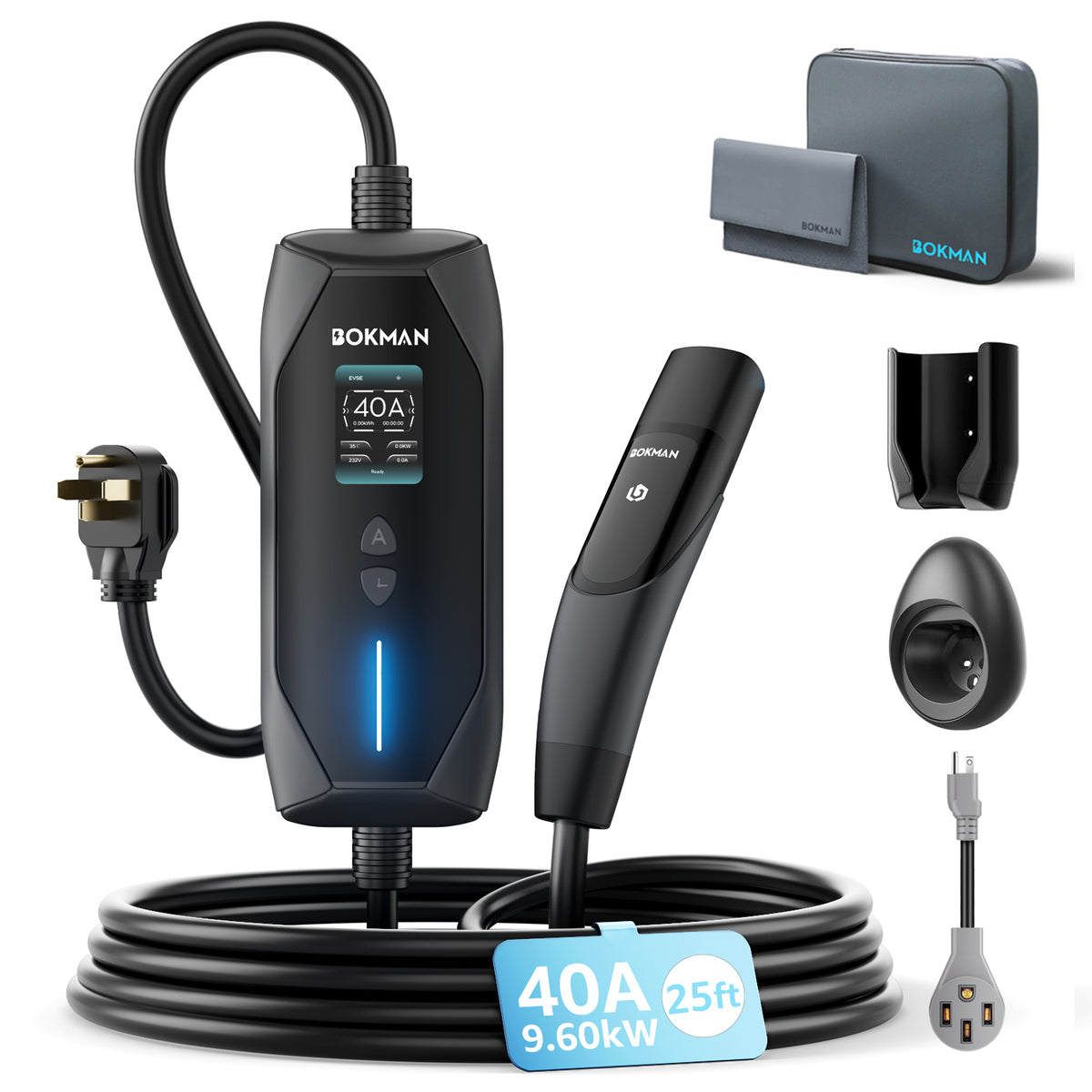 bokman Tesla Charger Level 1&2, 40A 25ft, NEMA 14-50P/5-15 Adapter丨Dual 120V/240V Tesla charger, Adjustable 6-40A & 1-12H Delay timer, IP65, NACS Connector for Models Y/X/3/S