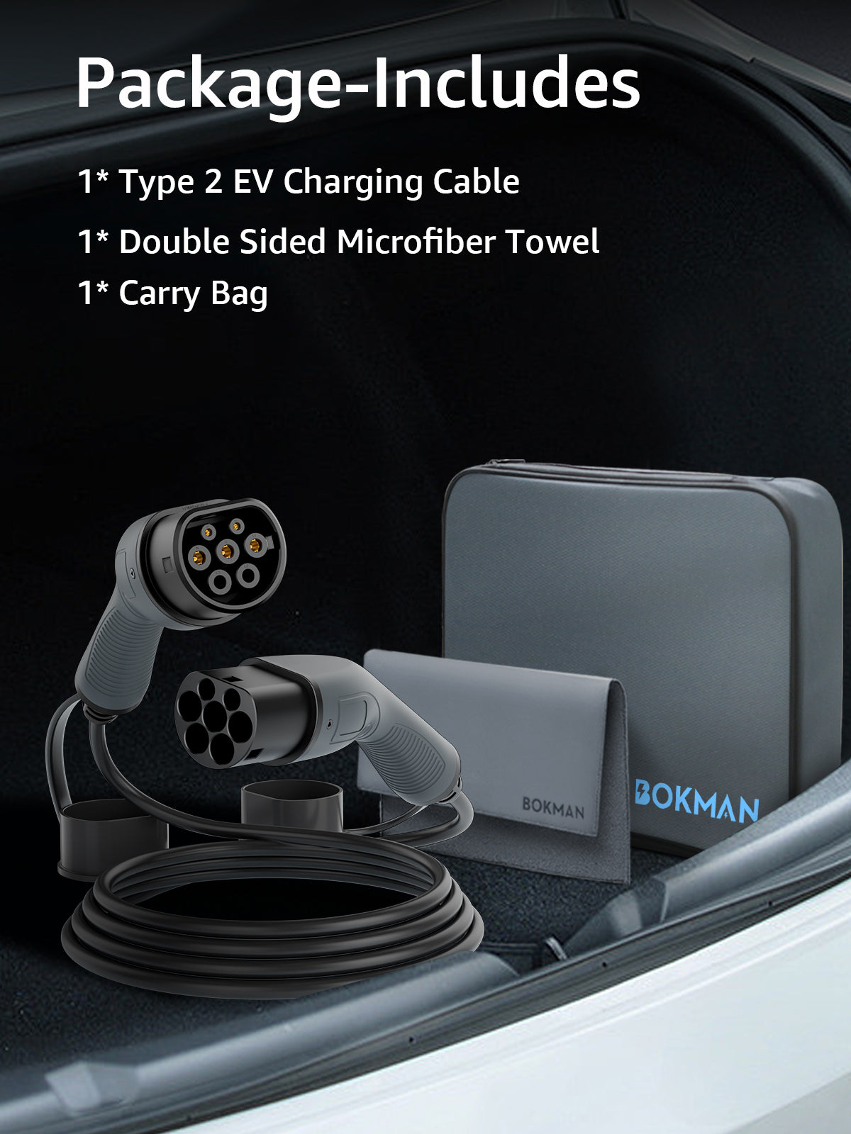 bokman Câble Type 2 de Recharge Voiture Electrique, Mode 3 / 32A / 7,2kW / Monophasée / 5 mètres