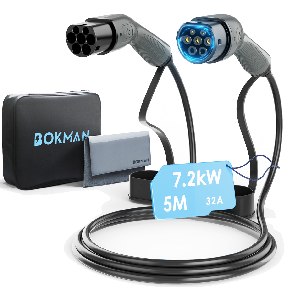 bokman Câble Type 2 de Recharge Voiture Electrique, Mode 3 / 32A / 7,2kW / Monophasée / 5 mètres