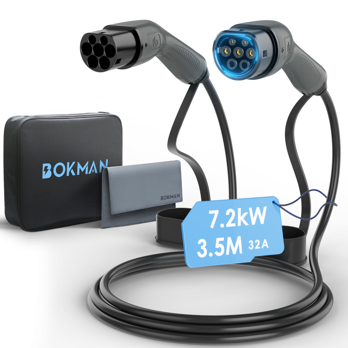 bokman Câble Type 2 de Recharge Voiture Electrique, Mode 3 / 32A / 7,2kW /  3 mètres