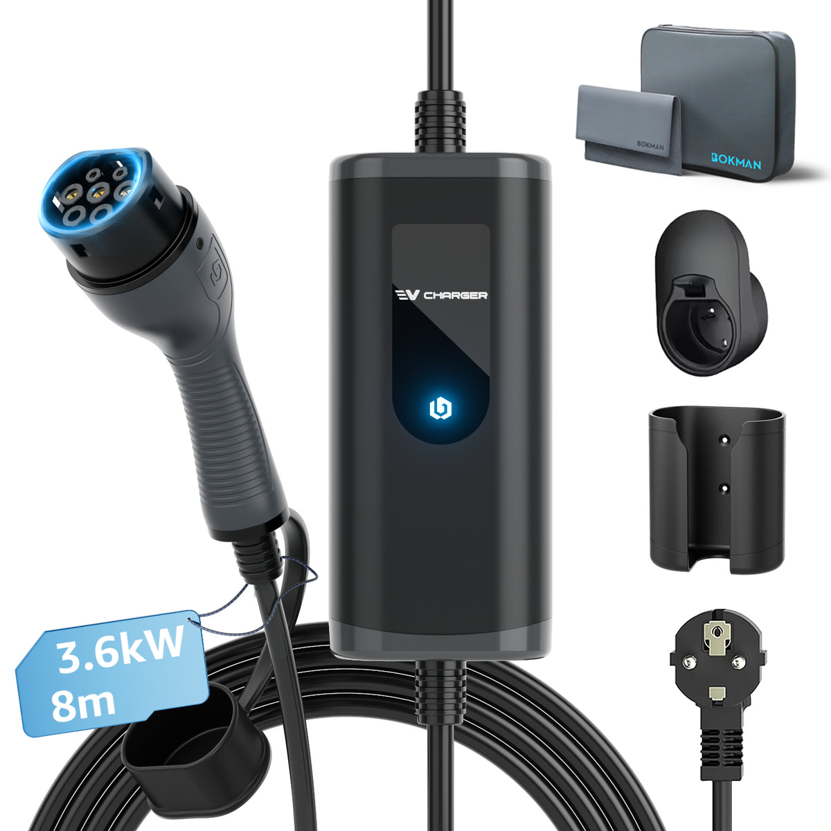 bokman Chargeur Voiture Electrique 16A, (8M, 3.68kW) Type 2 EVSE Portable Recharge Voiture Electrique Compatible avec Tesla Model Y, EX30, XC60, Q4, MG4, 208EV et PHEVs