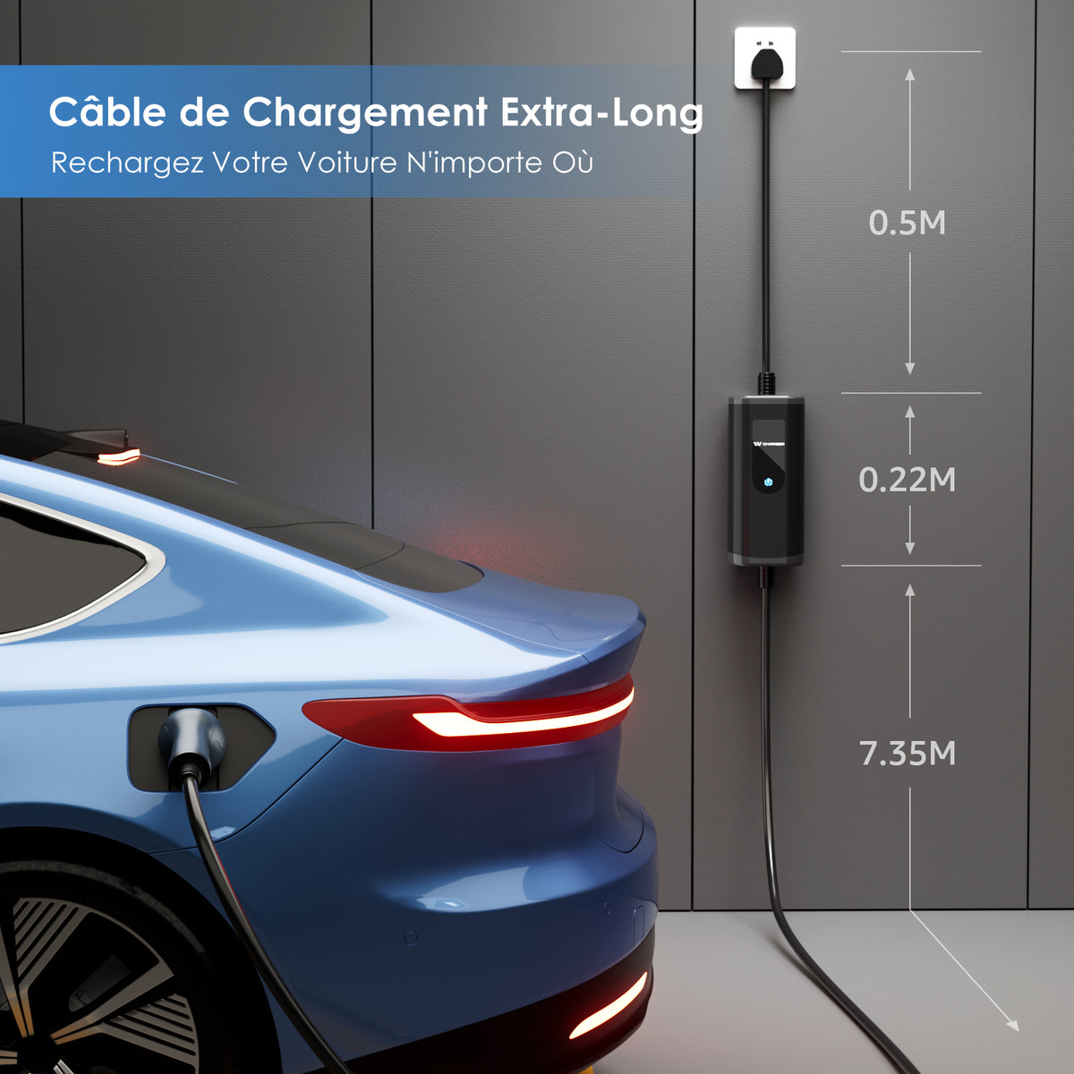 bokman Chargeur Voiture Electrique 16A, (8M, 3.68kW) Type 2 EVSE Portable Recharge Voiture Electrique Compatible avec Tesla Model Y, EX30, XC60, Q4, MG4, 208EV et PHEVs