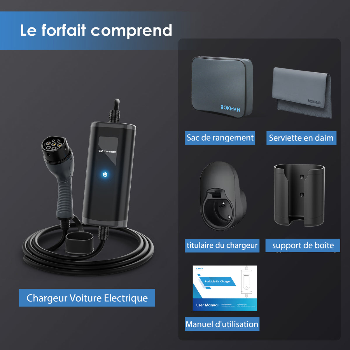 bokman Chargeur Voiture Electrique 16A, (8M, 3.68kW) Type 2 EVSE Portable Recharge Voiture Electrique Compatible avec Tesla Model Y, EX30, XC60, Q4, MG4, 208EV et PHEVs