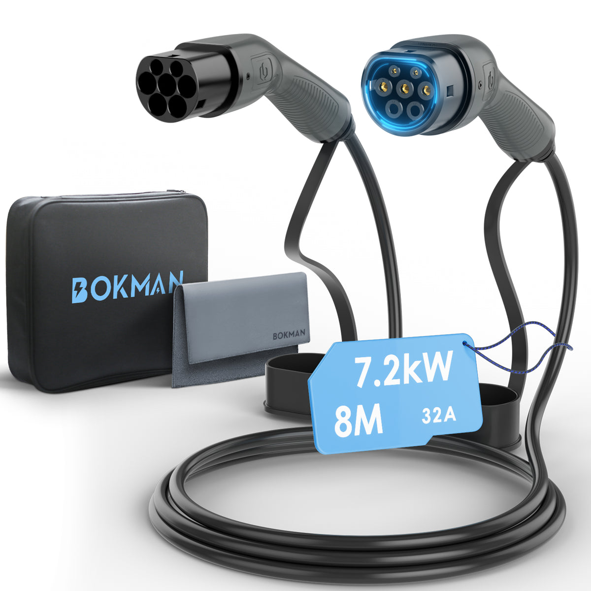 bokman Câble Type 2 de Recharge Voiture Electrique, Mode 3 / 32A / 7,2kW / 8 mètres