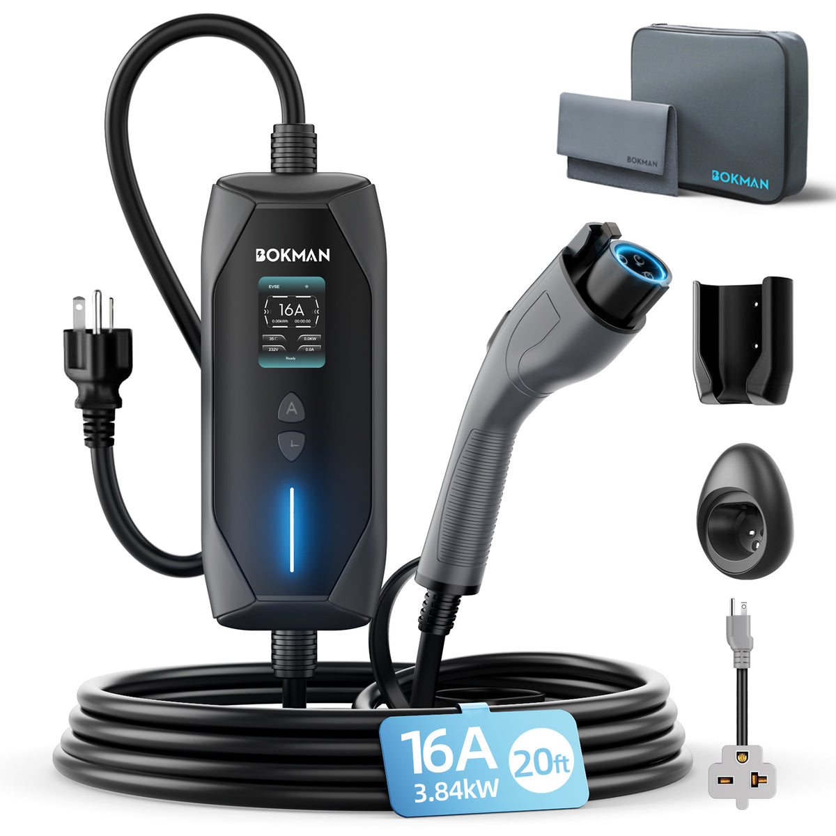 bokman Portable Level 1&2 EV Charger, 16A 20ft, NEMA 6-20P/5-15 Adapter丨Dual 120V/240V, Adjustable 6-16A & 1-12H Delay timer, IP65, J1772 Connector