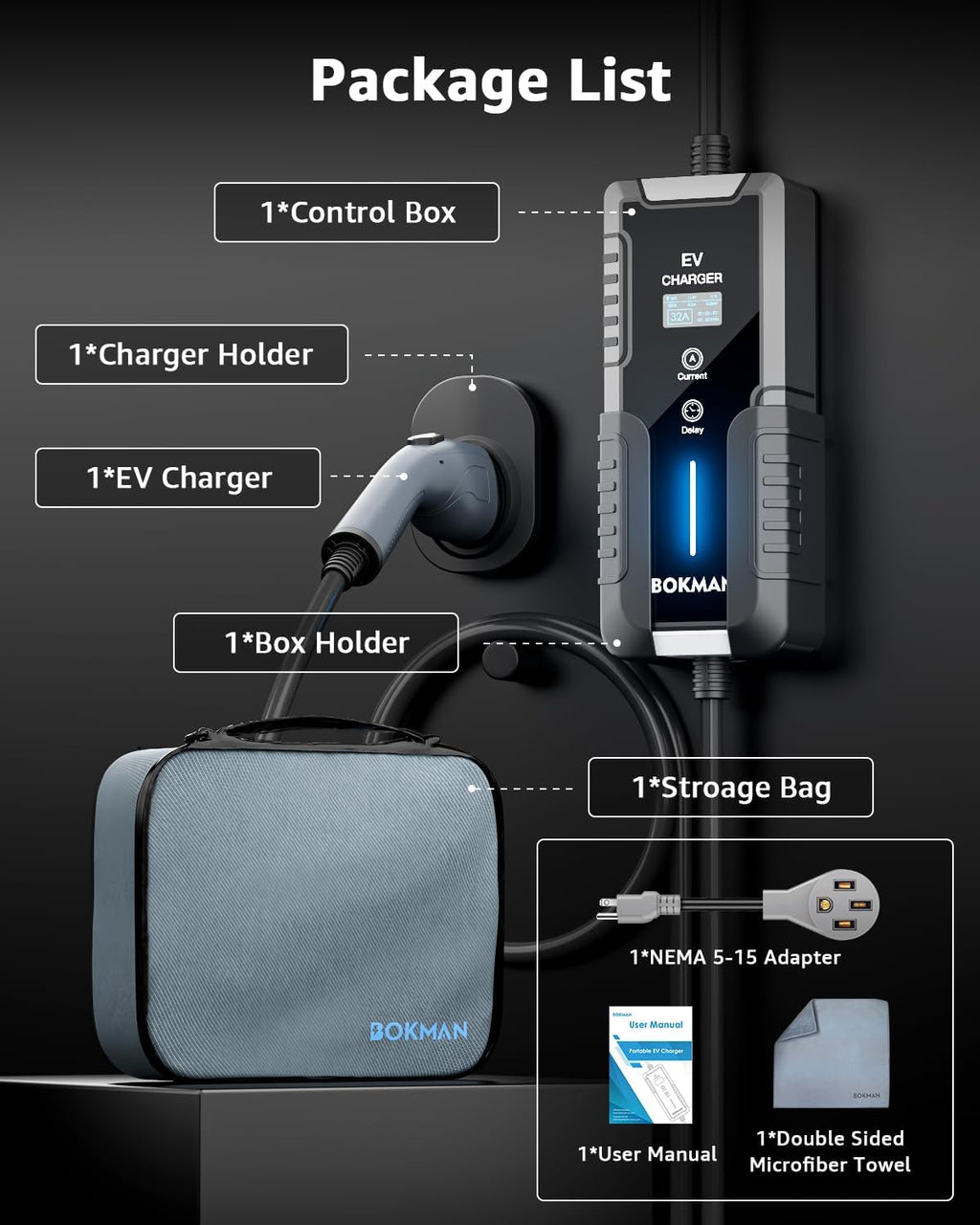 bokman Portable Level 1&2 EV Charger (240V,40A) Current Adjustable with 25ft Charging Cable and NEMA 14-50 for SAE-J1772 Electric Vehicles and PHEVs, Reservation Charging Function+ NEMA 5-15 Included