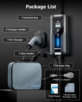 bokman Portable Level 2 EV Charger (240V, 32A) with 25ft Cable and NEMA 14-50 for SAE-J1772 Electric Vehicles Current Adjustable and Reservation Charging Function (NOT for Tesla)