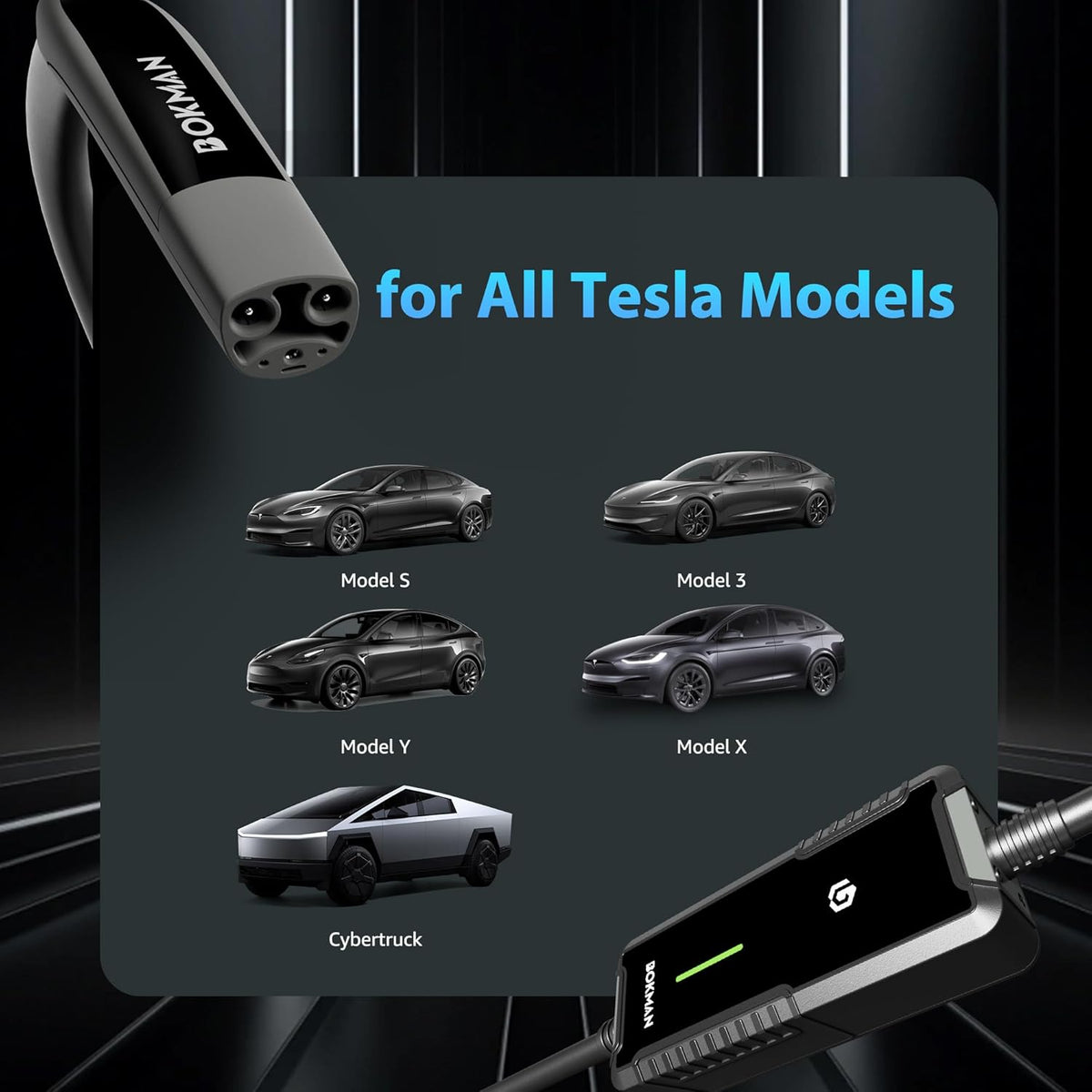bokman Level 2 Charger for Tesla (40 Amps, 25ft) with NEMA 14-50 Plug and NEMA 5-15 for Level 1, Compatible with Tesla Model 3/Y/X/S/Cybertruck