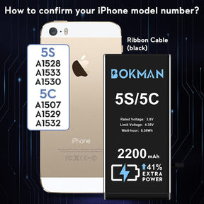 bokman for iPhone 5S/5C Battery Replacement, High Capacity Li-ion Polymer Battery 2200mAh with All Tool Kits and Adhesive Strips
