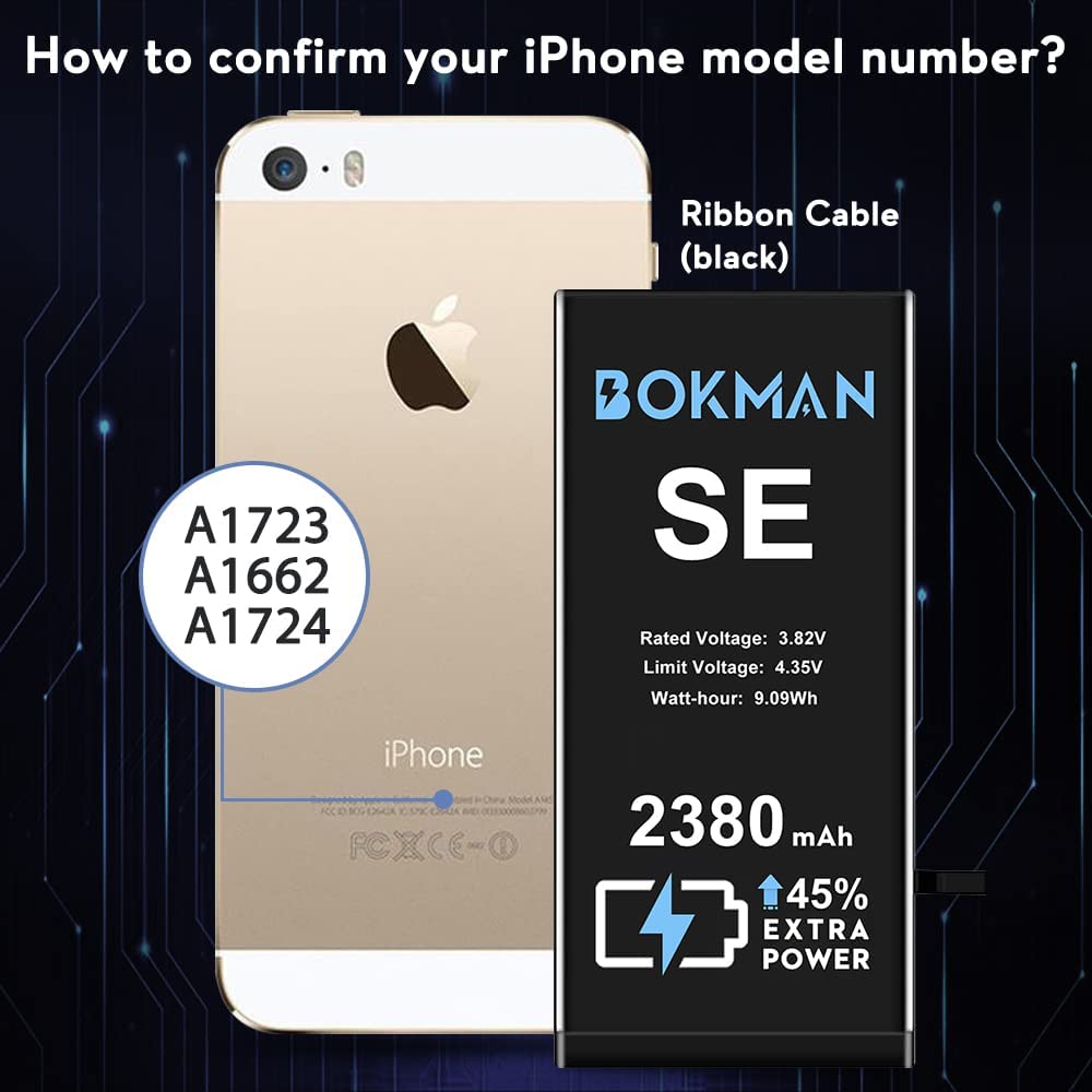 bokman for iPhone SE Battery Replacement, High Capacity Li-ion Polymer Battery 2380mAh with All Tool Kits and Adhesive Strips