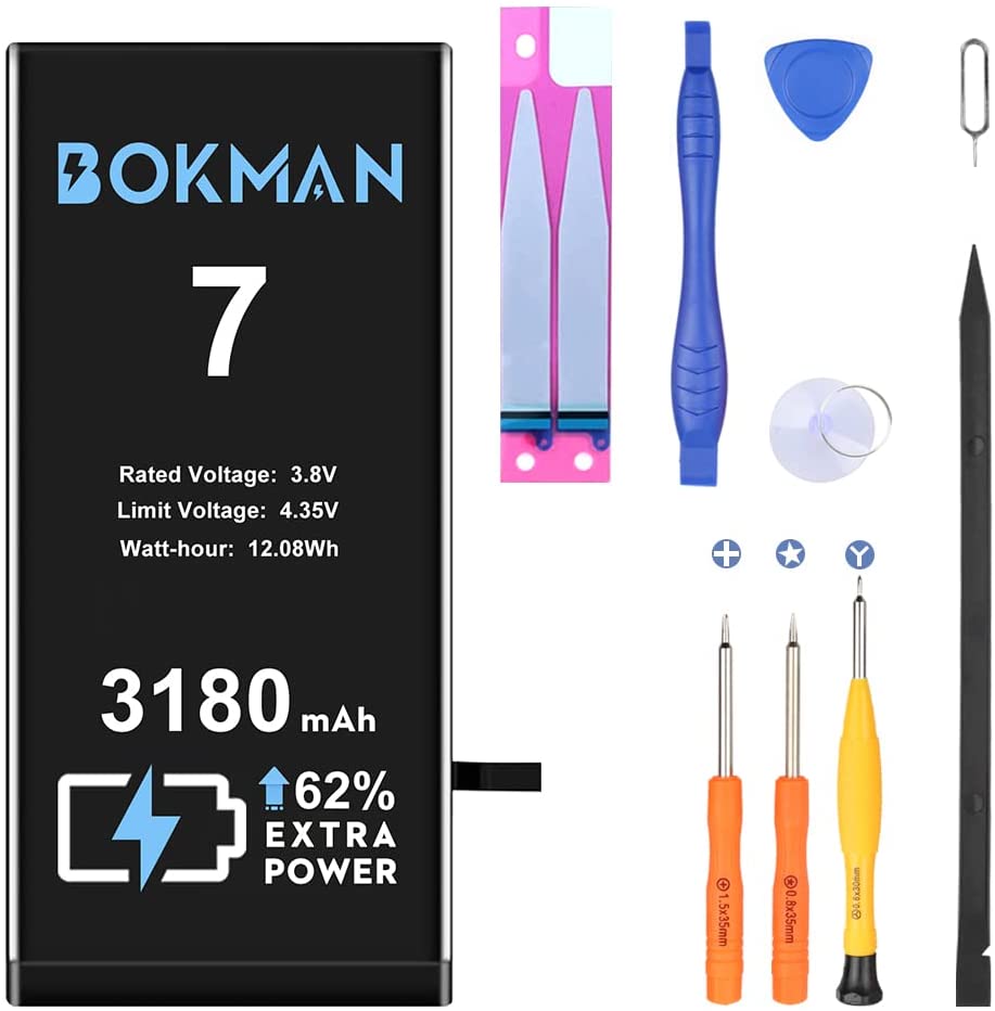 bokman for iPhone 7 Battery Replacement, High Capacity Li-ion Polymer Battery 3180mAh with All Tool Kits and Adhesive Strips