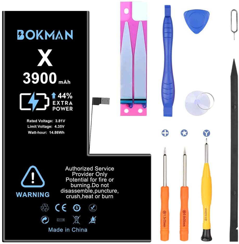 bokman for iPhone X Battery Replacement, High Capacity Li-ion Polymer Battery 3900mAh with All Tool Kits and Adhesive Strips