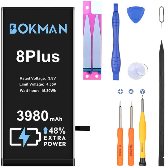 bokman for iPhone 8 Plus Battery Replacement, High Capacity Li-ion Polymer Battery 3980mAh with All Tool Kits and Adhesive Strips