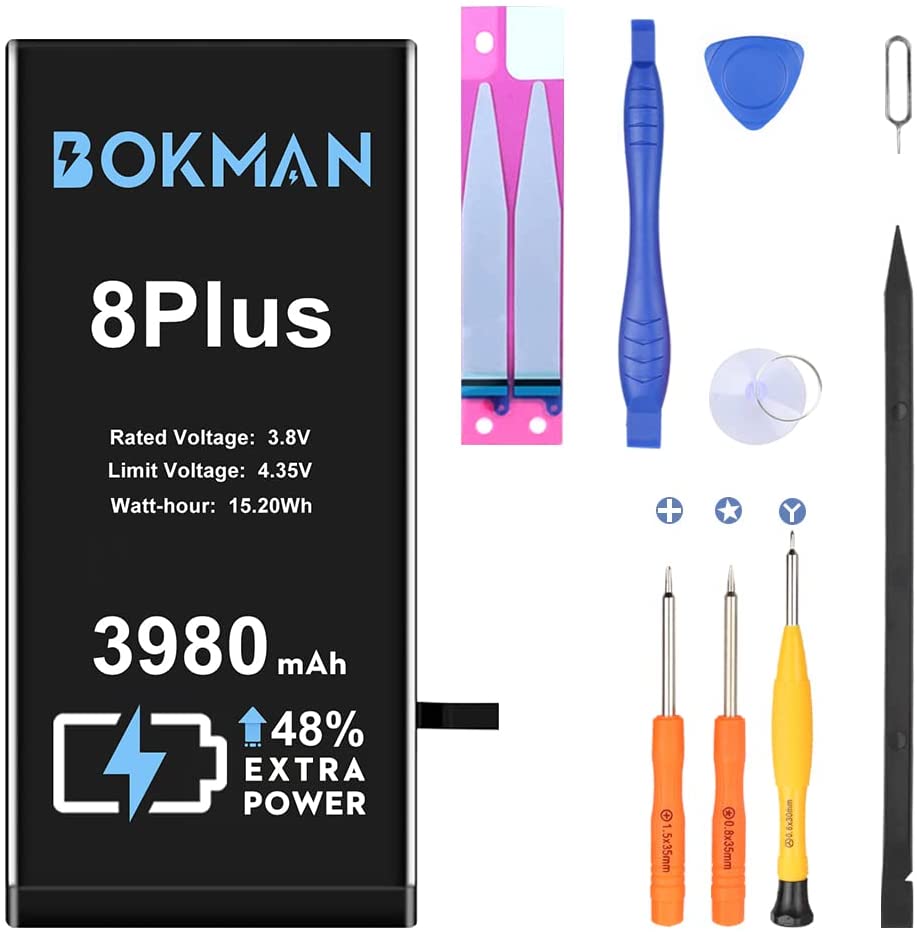 bokman for iPhone 8 Plus Battery Replacement, High Capacity Li-ion Polymer Battery 3980mAh with All Tool Kits and Adhesive Strips
