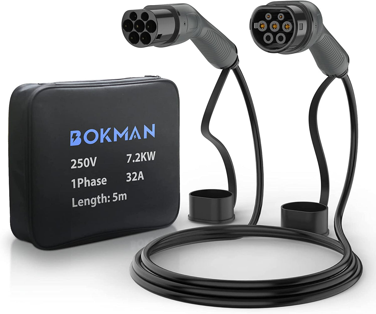 bokman EV Type 2 Charging Cable, Type 2 to Type 2 | 7.2kW | 32A | 5 Meters | Single Phase Electric Vehicle Charging Cable