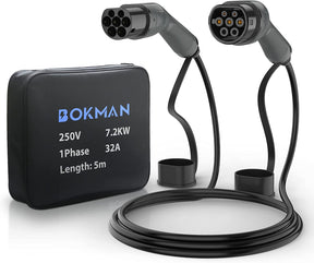 bokman EV Type 2 Charging Cable, Type 2 to Type 2 | 7.2kW | 32A | 5 Meters | Single Phase Electric Vehicle Charging Cable