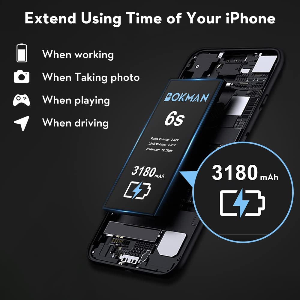 bokman for iPhone 6s Battery Replacement, High Capacity Li-ion Polymer Battery 3180mAh with All Tool Kits and Adhesive Strips