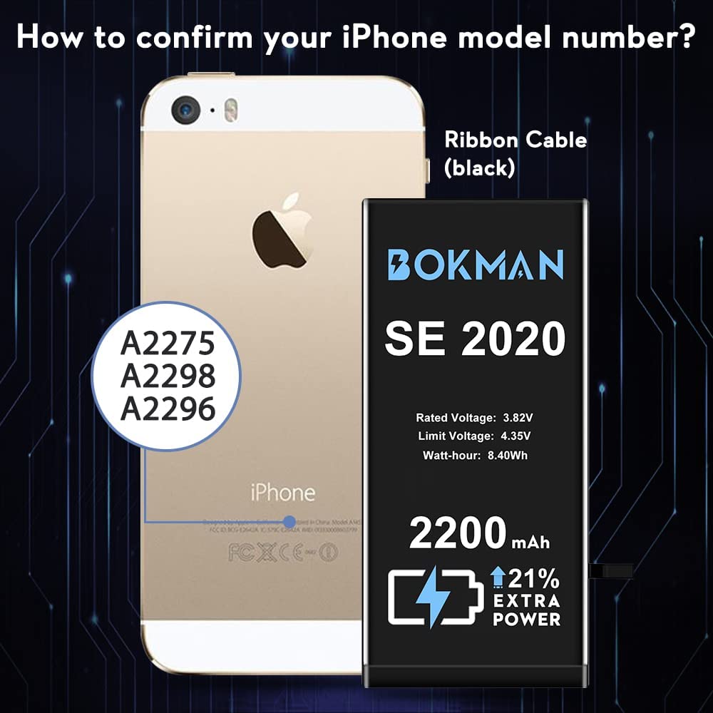 bokman for iPhone SE 2020 Battery Replacement, High Capacity Li-ion Polymer Battery 2200mAh with All Tool Kits and Adhesive Strips