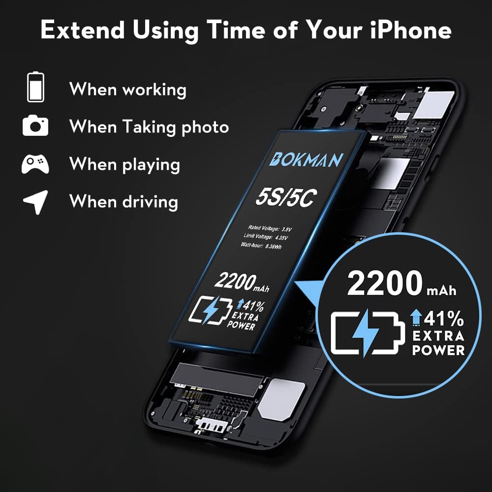 bokman for iPhone 5S/5C Battery Replacement, High Capacity Li-ion Polymer Battery 2200mAh with All Tool Kits and Adhesive Strips