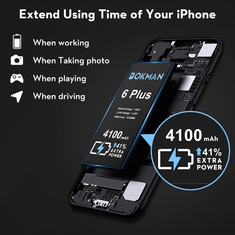 bokman for iPhone 6 Plus Battery Replacement, High Capacity Li-ion Polymer Battery 4100mAh with All Tool Kits and Adhesive Strips