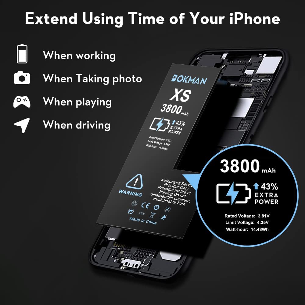 bokman for iPhone XS Battery Replacement, High Capacity Li-ion Polymer Battery 3800mAh with All Tool Kits and Adhesive Strips