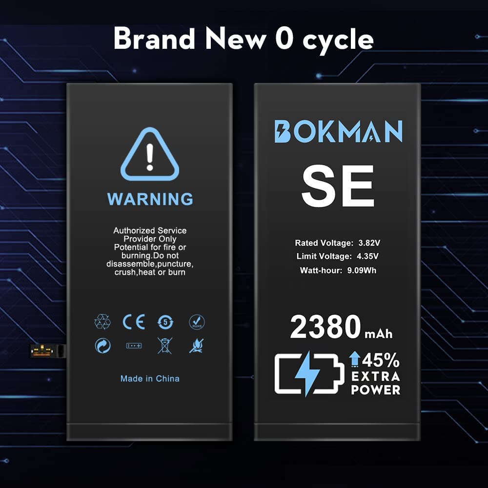 bokman for iPhone SE Battery Replacement, High Capacity Li-ion Polymer Battery 2380mAh with All Tool Kits and Adhesive Strips