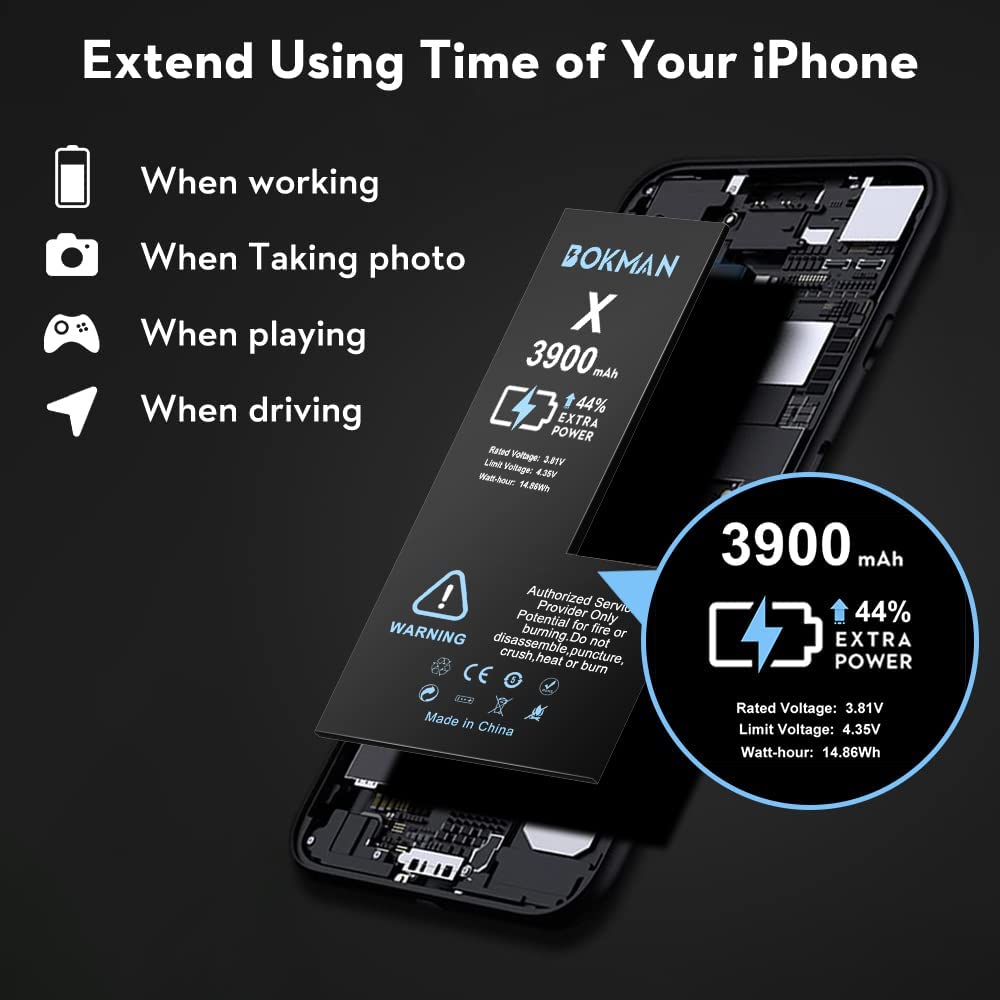 bokman for iPhone X Battery Replacement, High Capacity Li-ion Polymer Battery 3900mAh with All Tool Kits and Adhesive Strips