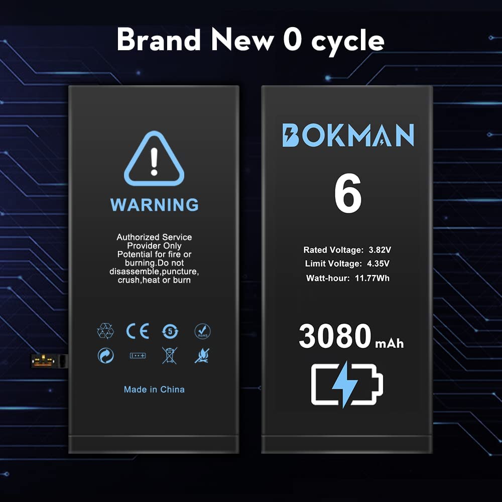 bokman for iPhone 6 Battery Replacement, High Capacity Li-ion Polymer Battery 3080mAh with All Tool Kits and Adhesive Strips