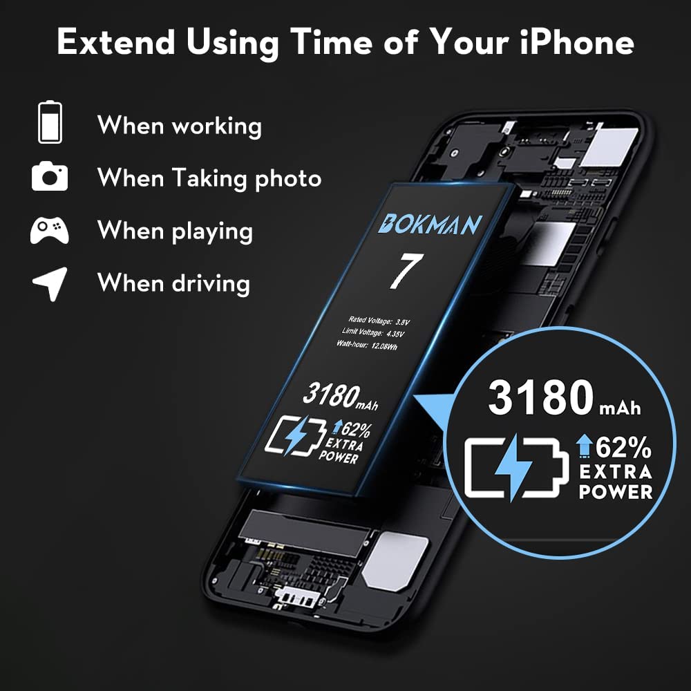 bokman for iPhone 7 Battery Replacement, High Capacity Li-ion Polymer Battery 3180mAh with All Tool Kits and Adhesive Strips