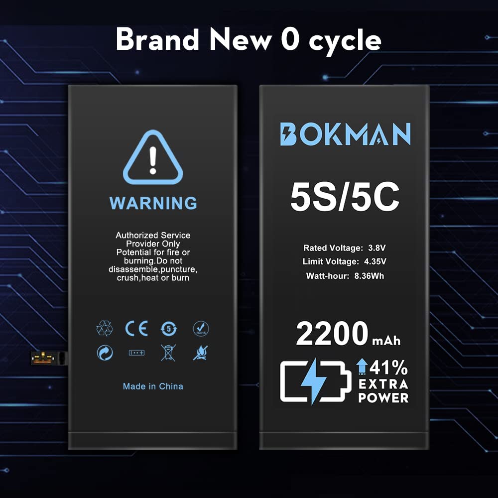 bokman for iPhone 5S/5C Battery Replacement, High Capacity Li-ion Polymer Battery 2200mAh with All Tool Kits and Adhesive Strips