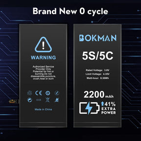 bokman for iPhone 5S/5C Battery Replacement, High Capacity Li-ion Polymer Battery 2200mAh with All Tool Kits and Adhesive Strips