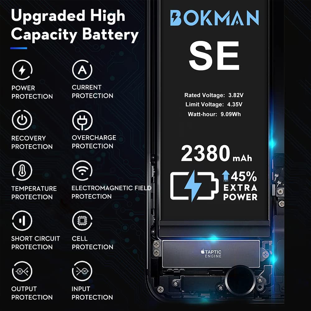 bokman for iPhone SE Battery Replacement, High Capacity Li-ion Polymer Battery 2380mAh with All Tool Kits and Adhesive Strips