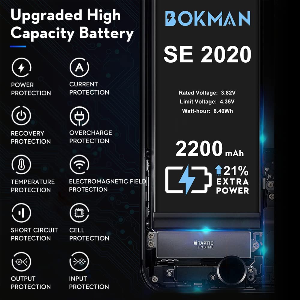 bokman for iPhone SE 2020 Battery Replacement, High Capacity Li-ion Polymer Battery 2200mAh with All Tool Kits and Adhesive Strips