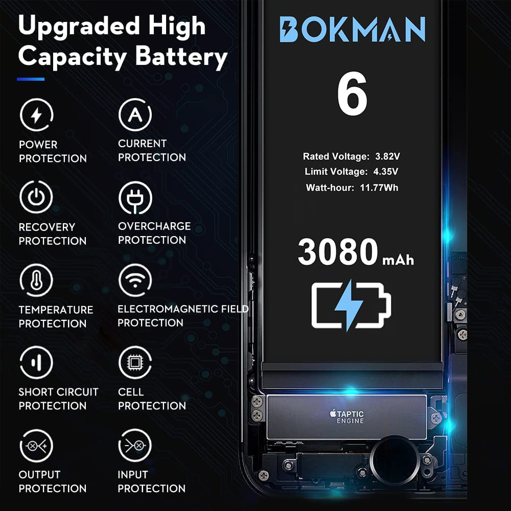 bokman for iPhone 6 Battery Replacement, High Capacity Li-ion Polymer Battery 3080mAh with All Tool Kits and Adhesive Strips