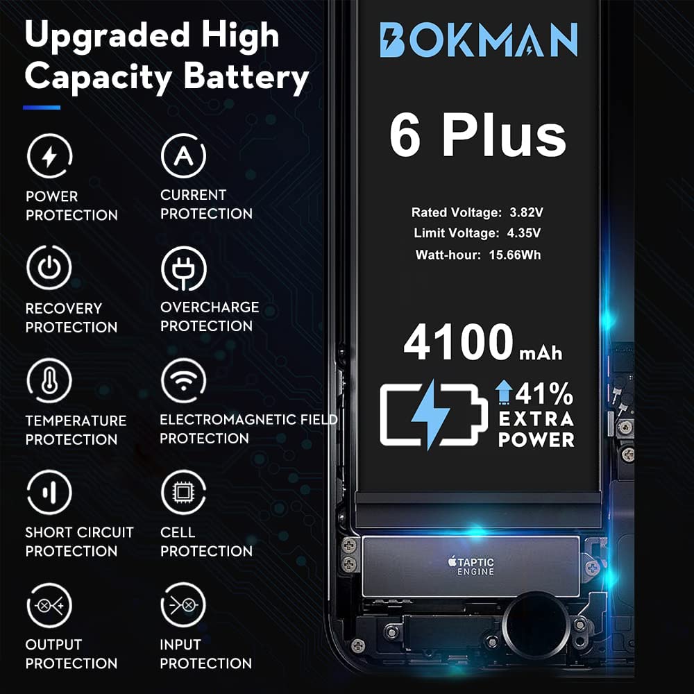 bokman for iPhone 6 Plus Battery Replacement, High Capacity Li-ion Polymer Battery 4100mAh with All Tool Kits and Adhesive Strips