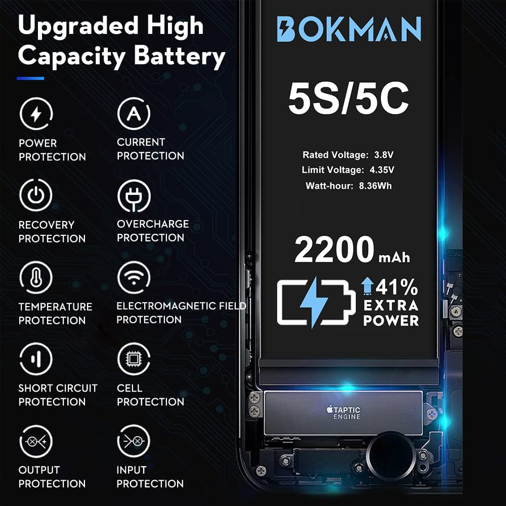 bokman for iPhone 5S/5C Battery Replacement, High Capacity Li-ion Polymer Battery 2200mAh with All Tool Kits and Adhesive Strips