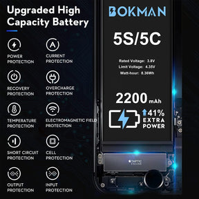 bokman for iPhone 5S/5C Battery Replacement, High Capacity Li-ion Polymer Battery 2200mAh with All Tool Kits and Adhesive Strips