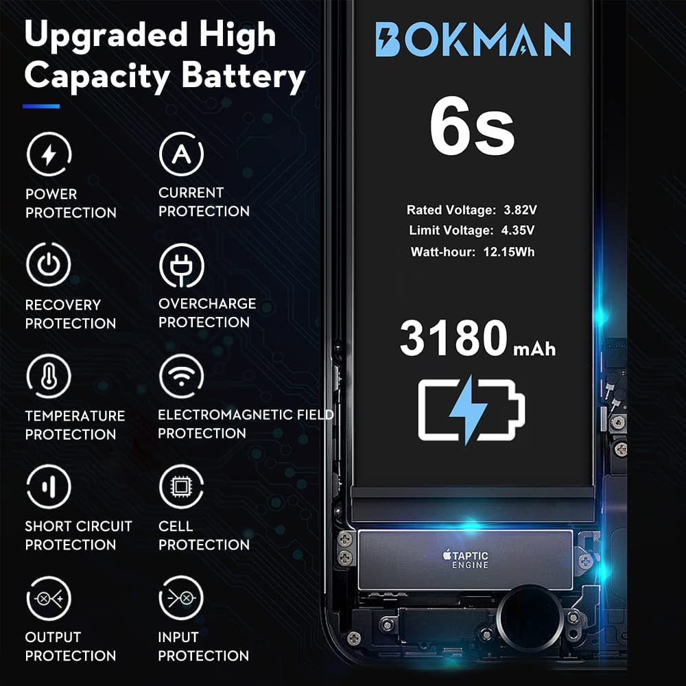 bokman for iPhone 6s Battery Replacement, High Capacity Li-ion Polymer Battery 3180mAh with All Tool Kits and Adhesive Strips