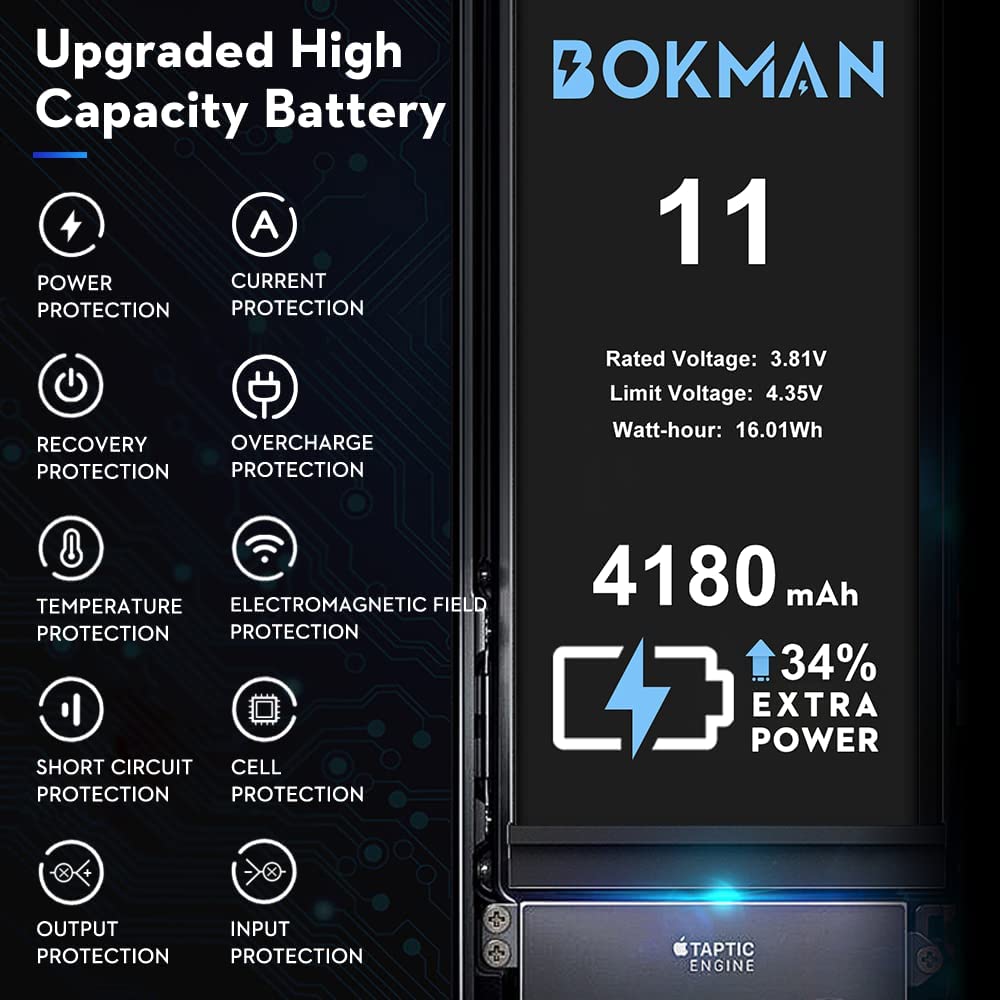 bokman for iPhone 11 Battery Replacement, High Capacity Li-ion Polymer Battery 4100mAh with All Tool Kits and Adhesive Strips