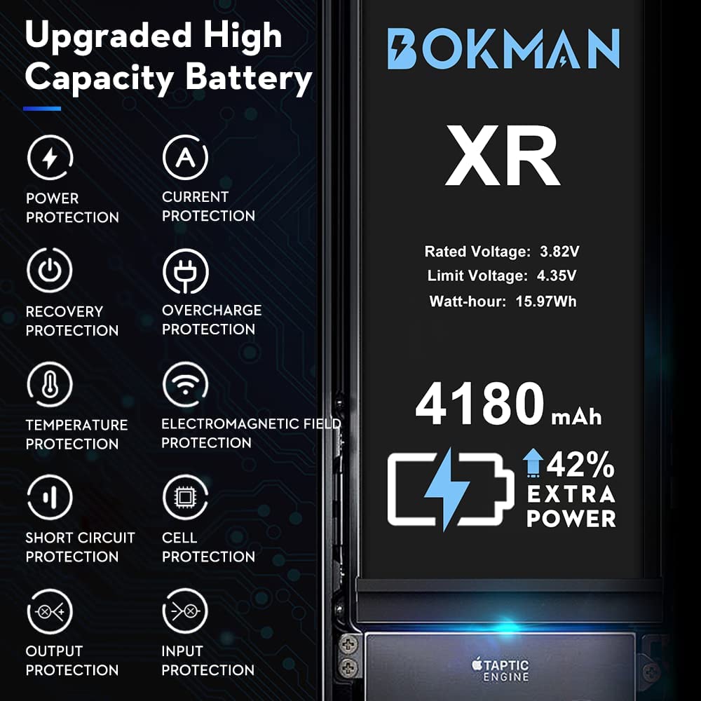 bokman for iPhone XR Battery Replacement, High Capacity Li-ion Polymer Battery 4180mAh with All Tool Kits and Adhesive Strips